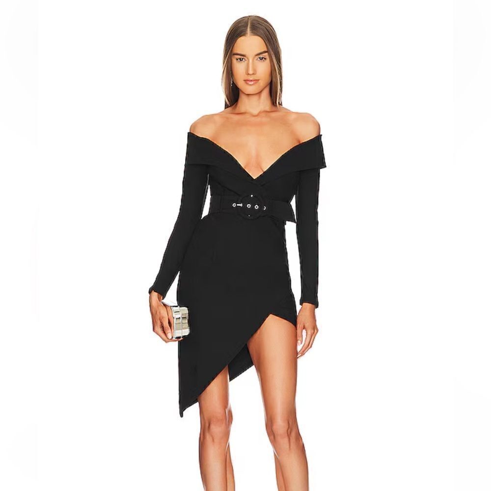 Michael Costello x Revolve Marci Dress black stretch mini off shoulder belted S